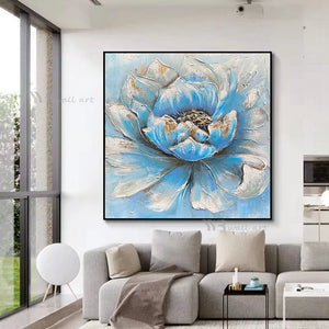 3D Texture Abstract Blue Flower Decoration Poster Handmade Oil Painting Wall Art Picture Living Room Restaurant Bedroom Mural