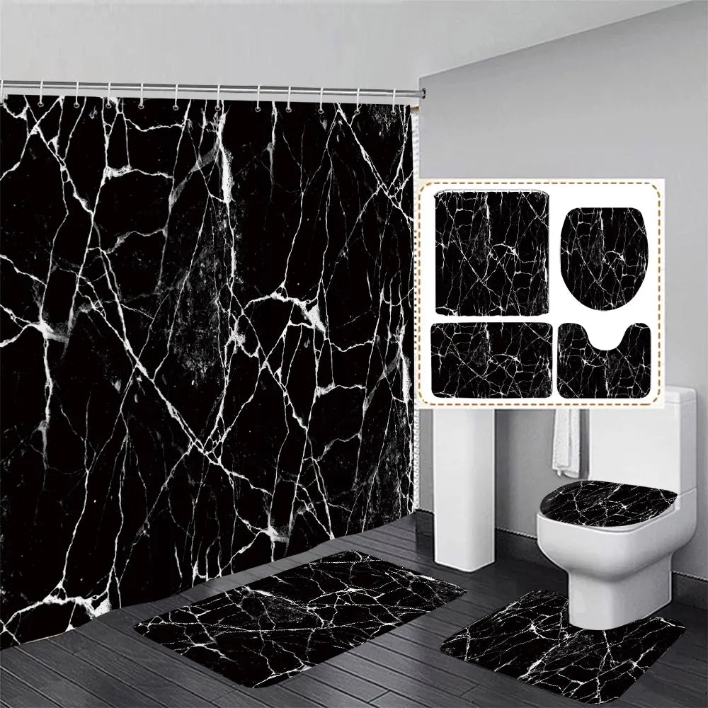 Conjunto de cortina de ducha de mármol blanco y negro, patrón texturizado de arte abstracto, decoración moderna para el baño, alfombra antideslizante, tapa del inodoro