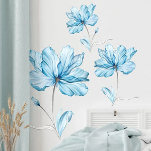 Calcomanías de pared de flores de color azul claro, pegatinas de pared florales, murales removibles DIY, decoración del hogar para dormitorio, sala de estar y TV