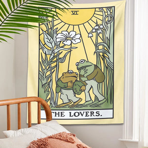 Tapiz psicodélico de Tarot de rana para colgar en la pared, tapices estéticos de la flor del sol de los amantes, tela de decoración de pared del hogar Hippie botánico