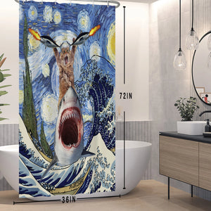 Hero Great White Shark With Gun Cat Lustiger Duschvorhang für Badewannenabdeckung, Badezimmerabdeckung, Baden, extra groß, breit, 12 Haken
