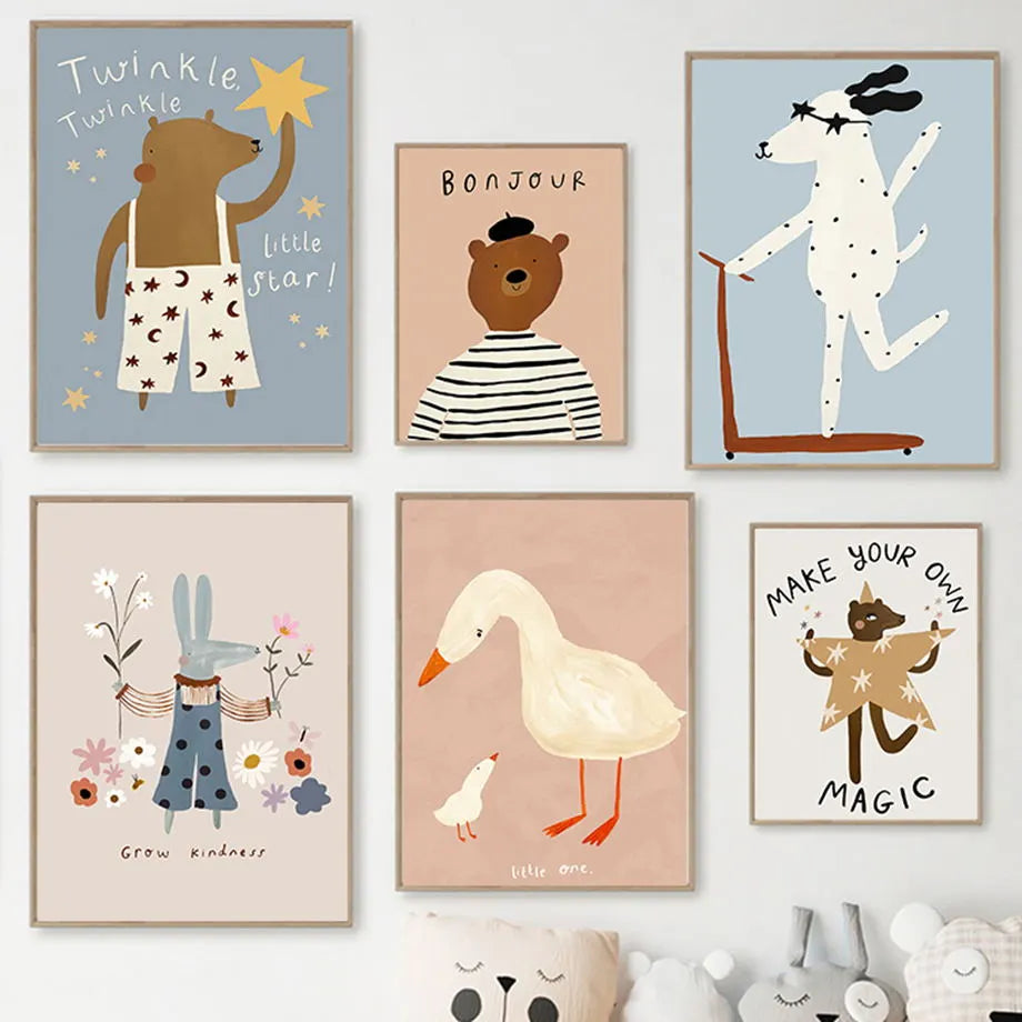 Toile d'art mural avec scooters amusants, chien tacheté, ours, lapin, canard, peinture, affiches nordiques, imprimés, images de pépinière, décor de chambre de bébé et d'enfant