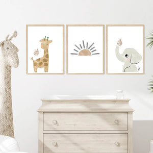 Affiche aquarelle de dessin animé éléphant girafe, peinture sur toile, image murale imprimée, décoration de maison pour chambre d'enfants garçons et filles
