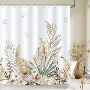 Tende da doccia con foglie, set di tende da bagno autunnali in foglia di palma marrone chiaro con fiori di zucca, in tessuto di poliestere, decorazione per il bagno di casa con ganci