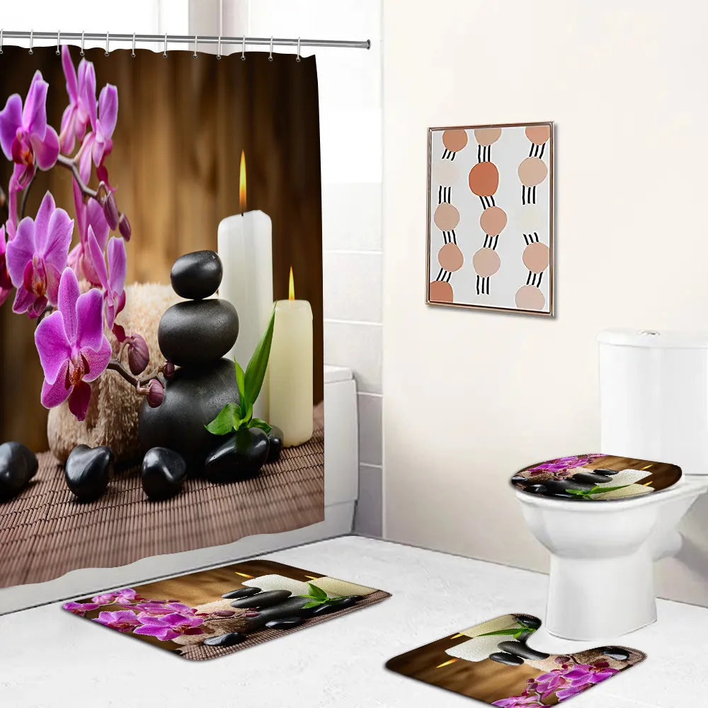 Cortina de ducha Zen de bambú verde, juego de alfombrillas de baño, orquídea púrpura, piedra de masaje negra, vela, paisaje de Spa, decoración de baño, tapete para tapa de inodoro