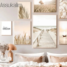 Laden Sie das Bild in den Galerie-Viewer, Beige Landschaft Wand Poster Brücke Kunstdrucke Heu Reed Blumen Leinwand Malerei Nordic Wand Bilder Wohnzimmer Dekoration