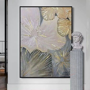 Gold Blue White Flowers Nordic Modern Abstract Pure Handmade Oil Painting Home Decoration Bedroom Dining Room Living Room  Mural