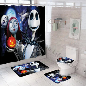 Happy Halloween Zombie Paar Zauberer Niedlicher Cartoon 4-teiliges Set Duschvorhang Badezimmer Stoff Wasserdichter Badvorhang mit 12 Haken