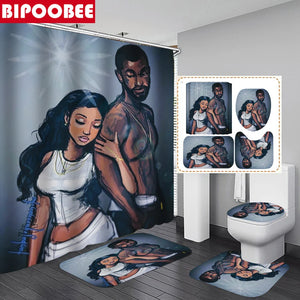 Afrikanischer starker Mann, sexy Mädchen, Duschvorhang-Set, Afro-Liebhaber, rutschfeste Teppiche, WC-Deckelbezug und Badematte, Badezimmer-Vorhänge-Set