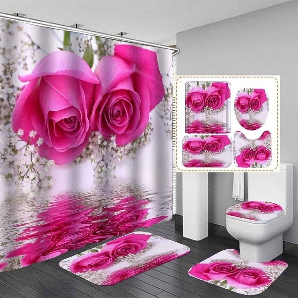 Rosa Wasserdichter Badezimmer-Duschvorhang, Blumen-Badevorhang-Sets, WC-Abdeckung, rutschfeste Matte, Teppich-Set, Heimdekoration, Zubehör
