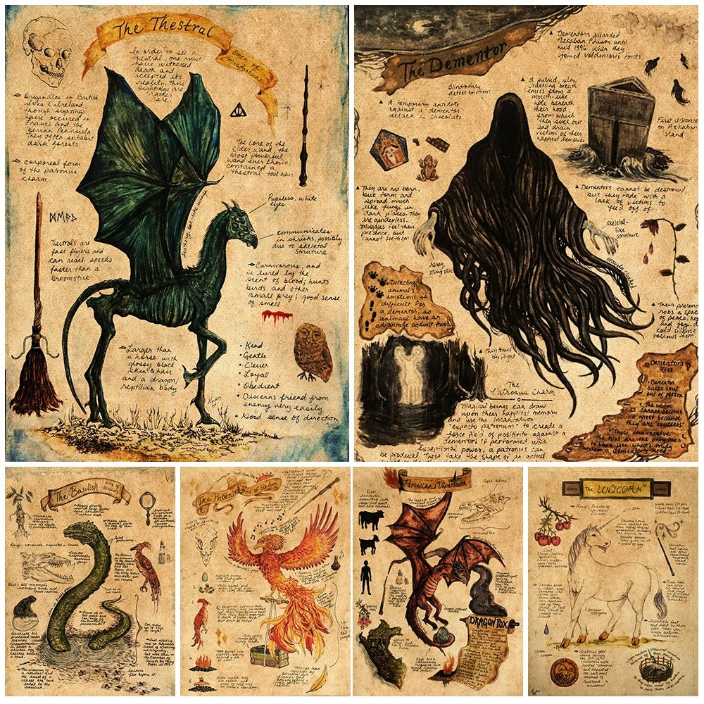 Dementor, dragón, basilisco, cuadro sobre lienzo para pared, decoración decorativa de lobo gris, Fénix, póster de unicornio thestral y decoración impresa sin marco