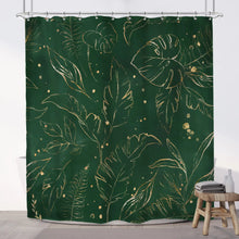 Cargar imagen en el visor de la galería, Cortina de ducha Tropical hawaiana verde, oro verde, planta con hojas tropicales, cortina de baño, conjunto de cortina de baño de jungla botánica