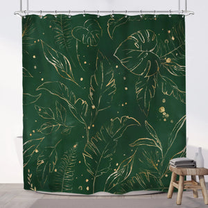 Green Hawaii Tropical Shower Curtain Green Gold Tropical Leaves Plant Fabric Bathroom Curtain Botanical Jungle Bath Curtain Set