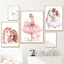 Carica l&#39;immagine nel visualizzatore della Galleria, Pink Girl Unicorn Ballerina Butterfly Nursery Wall Art Canvas Painting Nordic Poster e stampe Immagini Baby Kids Room Decor
