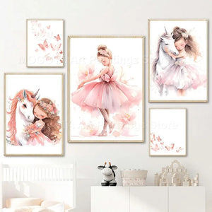 Rosa Mädchen Einhorn Ballerina Schmetterling Kinderzimmer Wand Kunst Leinwand Malerei Nordic Poster und Drucke Bilder Baby Kinder Zimmer Dekor