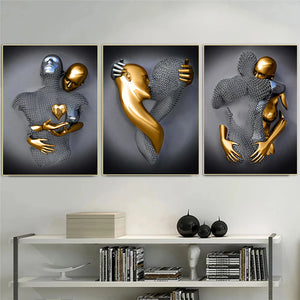 3PCS Black and Gold Statue Posters Love Heart Figure Canvas Painting Wall Art Prints Pictures for Living Room Modern Home Decor