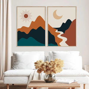 Póster abstracto de escena de lago de montaña bohemio de mediados de siglo, pintura en lienzo, arte de pared, imagen impresa, decoración Interior del hogar para sala de estar