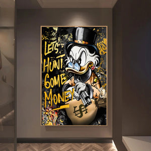 Donald Duck Hunt for Money Goldene Graffiti-Kunstposter und Drucke Disney Fashion Luxusgemälde an der Wand Kunstbilder Dekor