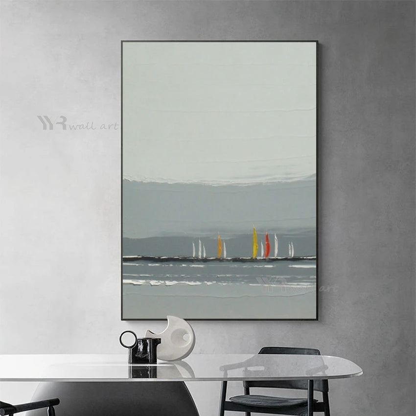 Modern Minimalist Grey Seascape Abstract Painting Wall Decor Art Mural Handmade Canvas Oil Painting Living Room Bedroom Porch