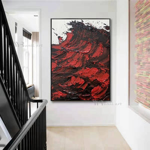 Handmade Canvas Oil Painting Abstract 3D Red Ocean Waves Wall Decor Art Picture Modern Living Room Bedroom Hotel Hanging Poster