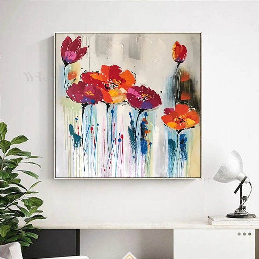 Beautiful Red Flowers Wall Art Picture Mural Interior Decor Hand Drawn Texture Oil Painting On Canvas Poster For Living Room