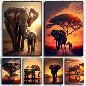 Elefante astratto Tramonto Animale Art Poster e stampa su tela Pittura Africa Wild Life Immagine da parete per soggiorno Decorazioni per la casa