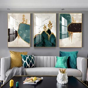 Abstract Golden Deer Tree Wall Pictures Modern Canvas Painting Blue Bird Poster Print Wall Art For Living Room Bedroom Nordic