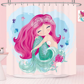Mermaid Shower Curtain Tail Fish Girls Kids Cartoon Ocean Heart Colorful Purple Hair Seaweed Bath Decor Set Waterproof Fabric