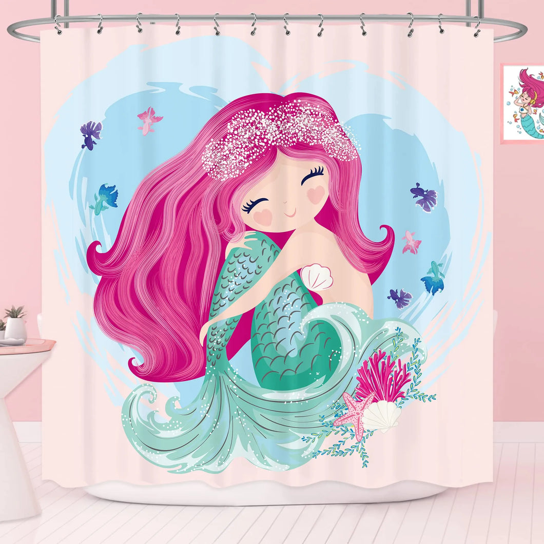 Занавеска для душа с изображением русалки, хвост, рыба для девочек, детский мультфильм, океан, сердце, разноцветные фиолетовые волосы, водоросли, набор для декора ванной, водонепроницаемая ткань