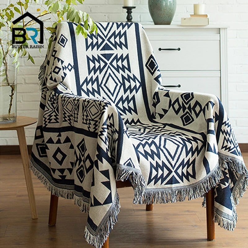 Coperta da tiro per divano in stile europeo Coperta lavorata a maglia in filo di cotone con geometria della nappa Copridivano bohemien Coperta da letto Decorazioni per la casa