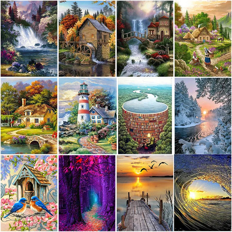 5D DIY Diamond Painting House Tree Waterfall Scenery Embroidery Mosaic Craft Picture Full Drill Cross Stitch Kit Home Decor Gift