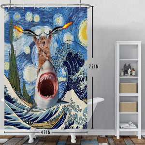 Hero Great White Shark With Gun Cat-cortina de ducha divertida para cubierta de bañera, cubierta de baño, ganchos Extra grandes y anchos de 12 Uds.