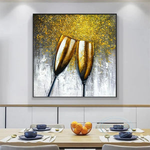 Handmade Wine Glass Restaurant Oil Painting Single Light Luxury Kitchen Mural Living Room Decoration Art Gold Foil Canvas Poster