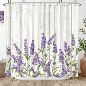 Cortina de ducha de lavanda, cortinas de baño de plantas de flores moradas rústicas, tela de poliéster impermeable, decoración de bañera con ganchos