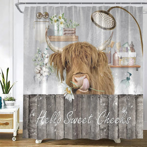 Highland Cattle Shower Curtains Wooden Fence Rustic Farm Brown Cow Bath Curtain Set Polyester Fabric Bathroom Decor with Hooks