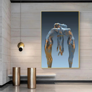 Figura abstracta de Metal, pintura en lienzo, póster de pareja e impresiones, arte de pared moderno, imágenes de escultura dorada para decoración para sala de estar