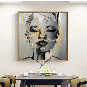 Mintura Handmade Texture Gold Women Face Oil Paintings on Canva Modern Abstract Wall Art,Picture for Living Room,Home Decoration