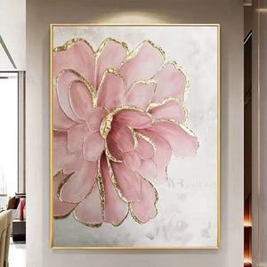 Beautiful Pink Flowers Gold Foil Pictures Wall Art Poster Handmade Abstract Oil Painting On Canvas For Wedding Decoration Room