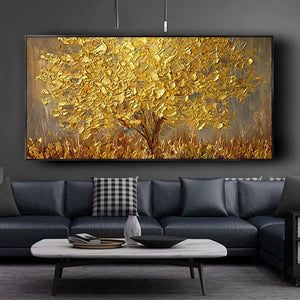 Cuadro sobre lienzo para pared de árbol dorado abstracto pintado a mano de alta calidad, pinturas al óleo modernas, decoración de pared, cuadros para sala de estar