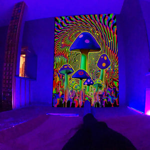 Fluorescent tapestry UV fluorescent  psychedelic mushroom wall hung hippie decorative room aesthetics