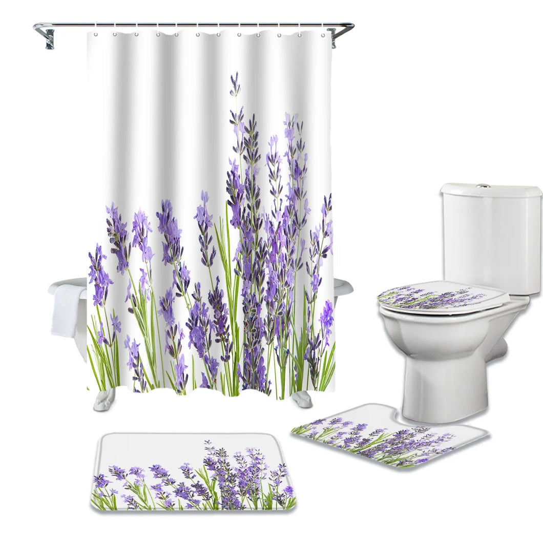 Lila Lavendel-Duschvorhang-Sets, rutschfeste Teppiche, WC-Deckelbezug und Badematte, wasserdichte Badezimmervorhänge