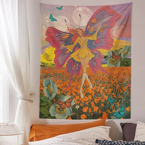 Tapiz Vintage mariposa chica colgante de pared 70s mariposa sol Luna tapices fondo Trippy Hippie pared decoración del dormitorio impresión