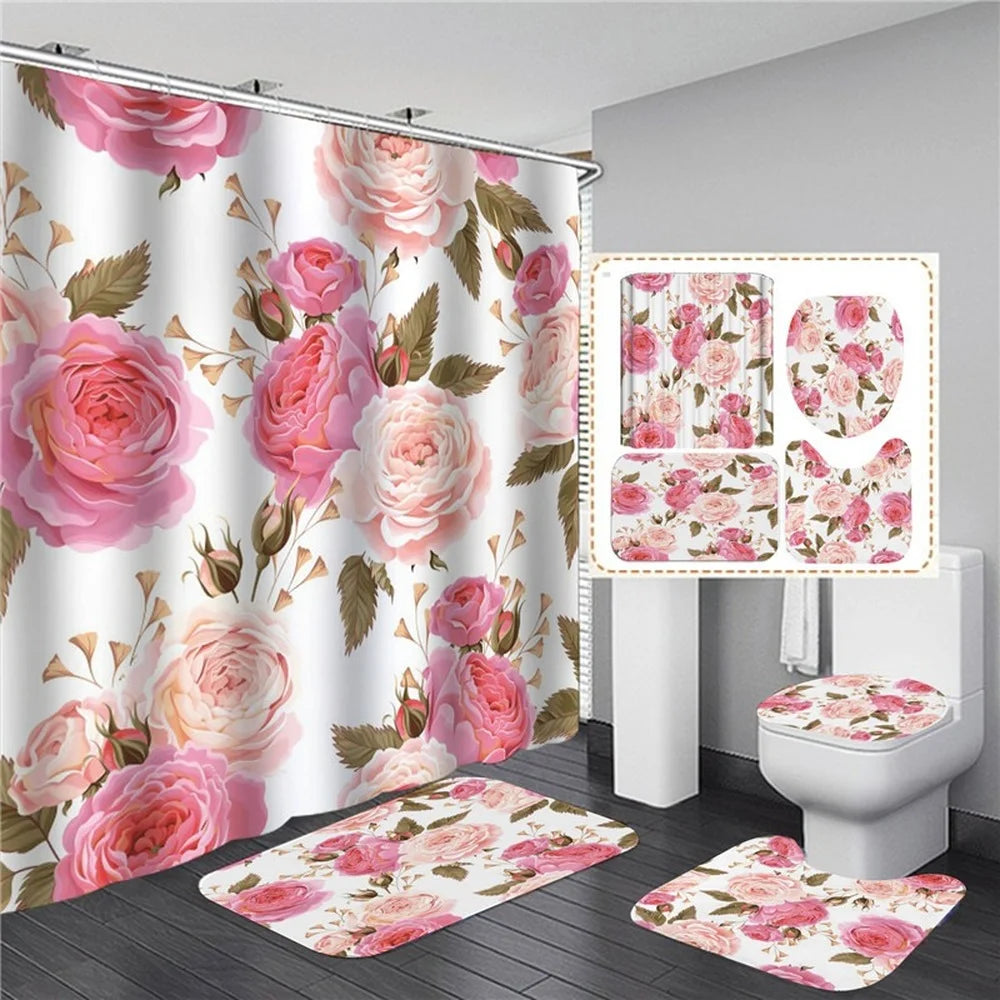 Conjunto de cortina de ducha con estampado elegante de flores rosas, impermeable, para mujer, baño, alfombra con Pedestal, tapa, alfombra, cortina de ducha