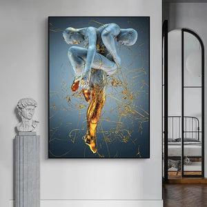 Metal Abstract Figure Canvas Painting Couple Poster and Prints Modern Wall Art Golden Sculpture Pictures For Living Room Decor