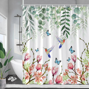 Tropische Pflanzen-Duschvorhänge, Palmenblätter, rosa Blumen, Kolibris, grüne Blätter, Badevorhang, Stoff, Badezimmer-Dekor mit Haken