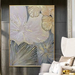 Gold Blue White Flowers Nordic Modern Abstract Pure Handmade Oil Painting Home Decoration Bedroom Dining Room Living Room  Mural