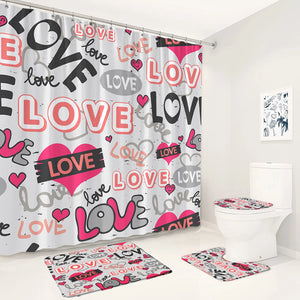 Valentinstag Duschvorhang Set Rosa Rot Herz Ballon Romantische Liebhaber Mädchen Badezimmer Dekor Rutschfester Teppich Badematte Toilettenbezug