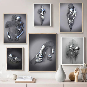 Metal Figure Statue Romantic Wall Art Abstract Canvas Painting Lovers Sculpture Posters Prints Pictures Living Room Home Decor