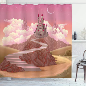 Pink Gold Shower Curtain Princess Castle Dotted Bathroom Bath Curtains Waterproof Durable,Girl Bathtub Stalls Clawfoot Tub Decor