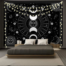 Charger l&#39;image dans la galerie, Tapisserie murale suspendue en forme de Mandala, blanc, noir, soleil, lune, noir, clair de lune, décoration murale pour chambre Boho, décoration murale pour la maison